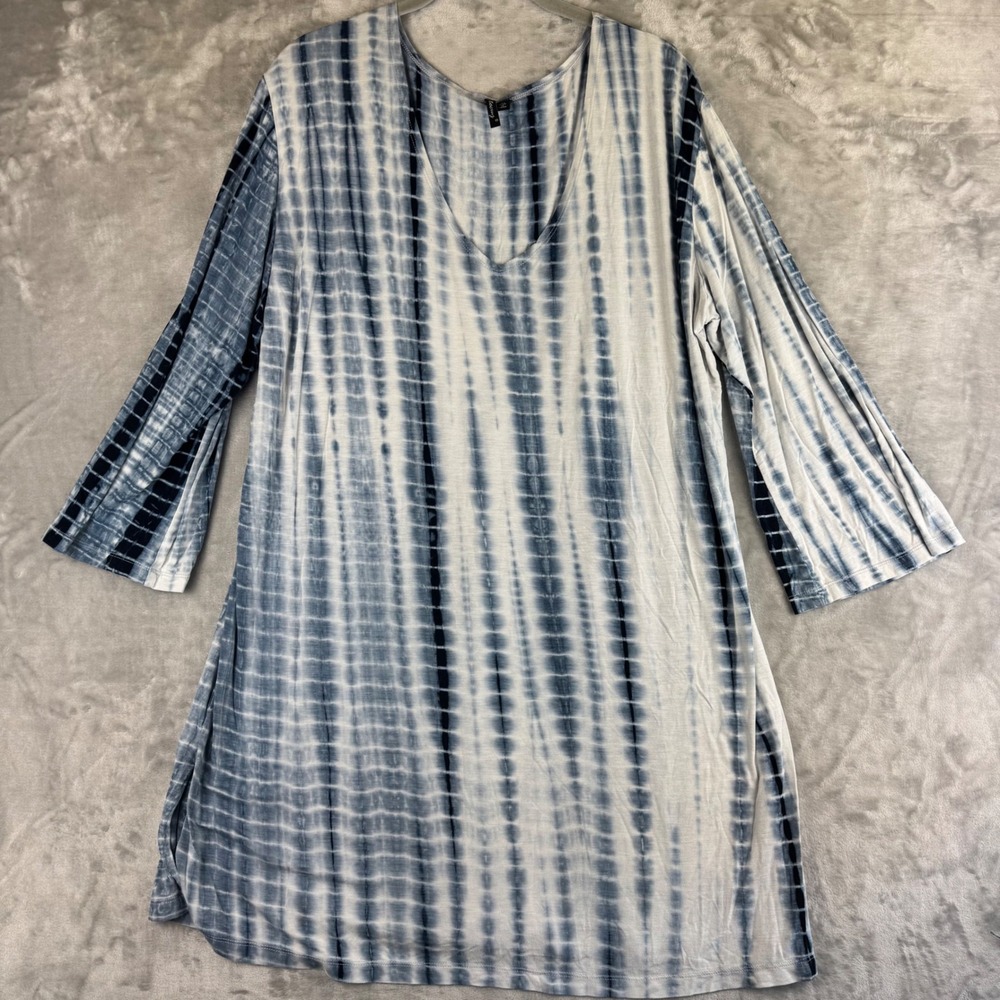 Portacruz Blue Tie Dye V Neck Tunic Dress Women's XL Long Sleeve Light‎ (1357)